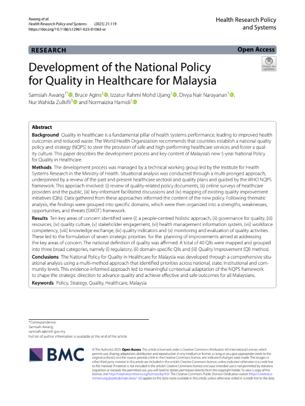 Development of the National Policy for Quality in Healthcare for Malaysia BMC